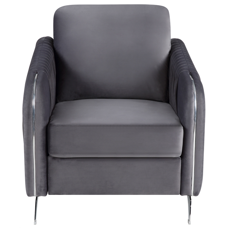 Pemberly Row Gray Velvet Modern Accent Arm Chair with Chrome Trim and Legs