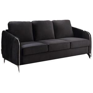Pemberly Row Black Velvet Channel-Quilted Sofa with Chrome Arms and Legs