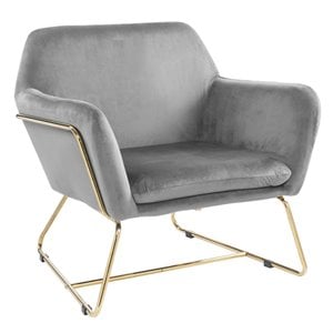 Pemberly Row Soft Velvet Accent Arm Chair with Gold Metal Base in Gray