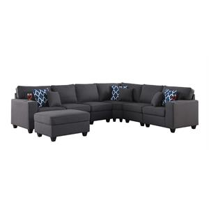 Pemberly Row Dark Gray Linen 7-Piece Reversible Sectional with Ottoman