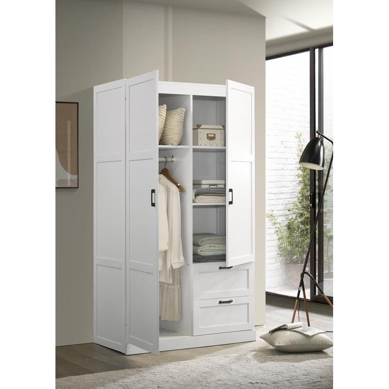 Pemberly Row White Engineered Wood Wardrobe Armoire with Drawers and Shelves