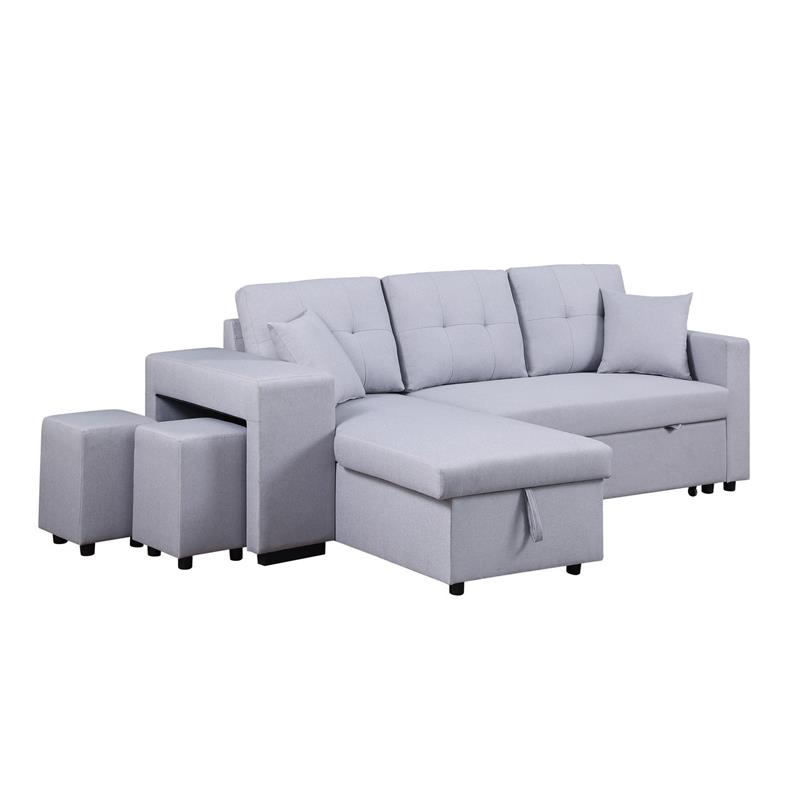 Pemberly Row Light Gray Linen Reversible Sleeper Sectional with Storage & Stools