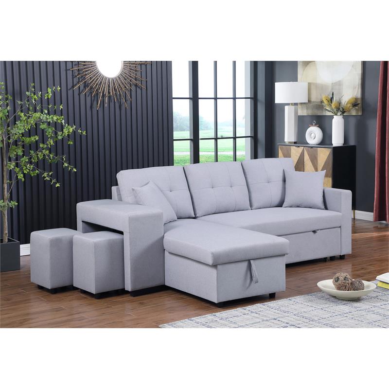 Pemberly Row Light Gray Linen Reversible Sleeper Sectional with Storage & Stools