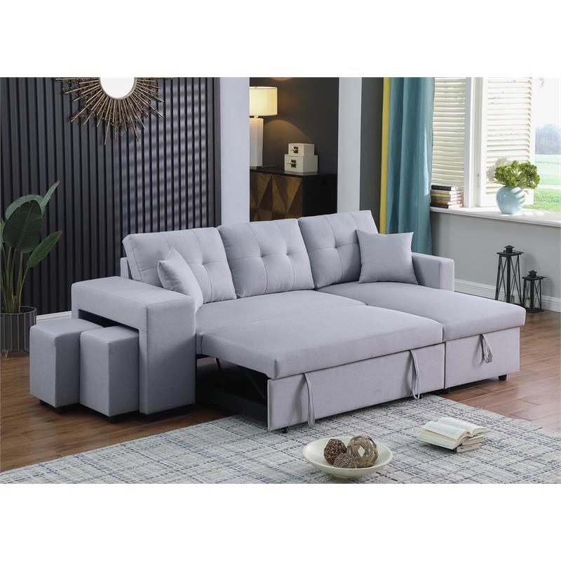 Pemberly Row Light Gray Linen Reversible Sleeper Sectional with Storage & Stools