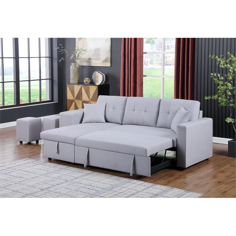 Pemberly Row Light Gray Linen Reversible Sleeper Sectional with Storage & Stools