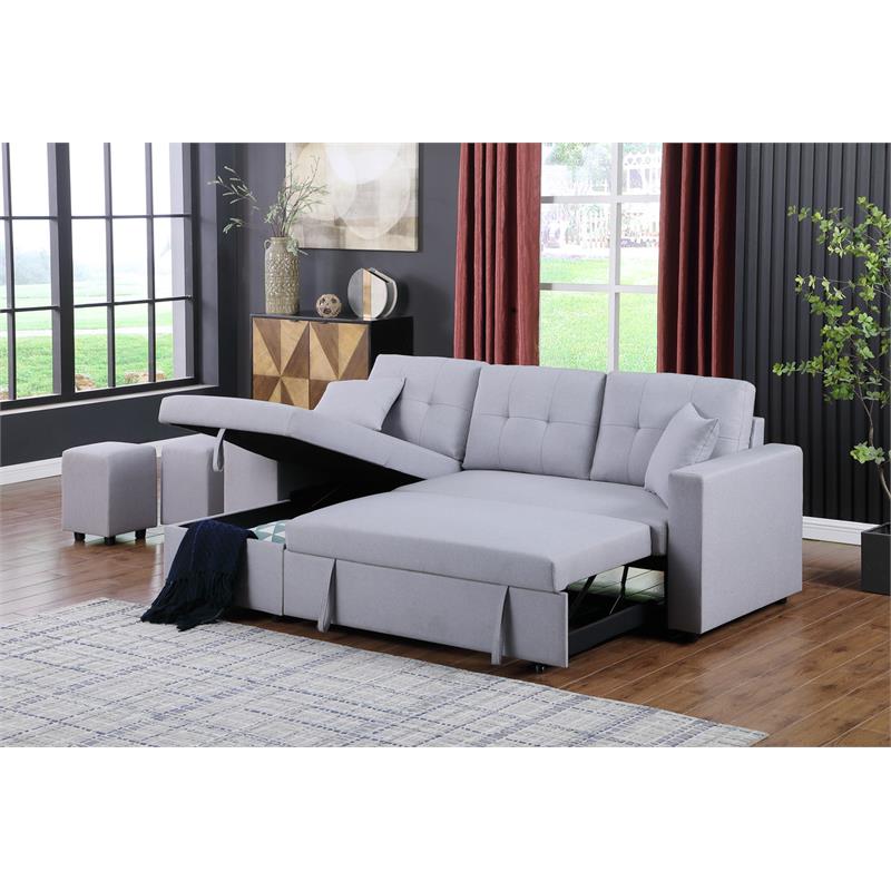 Pemberly Row Light Gray Linen Reversible Sleeper Sectional with Storage & Stools