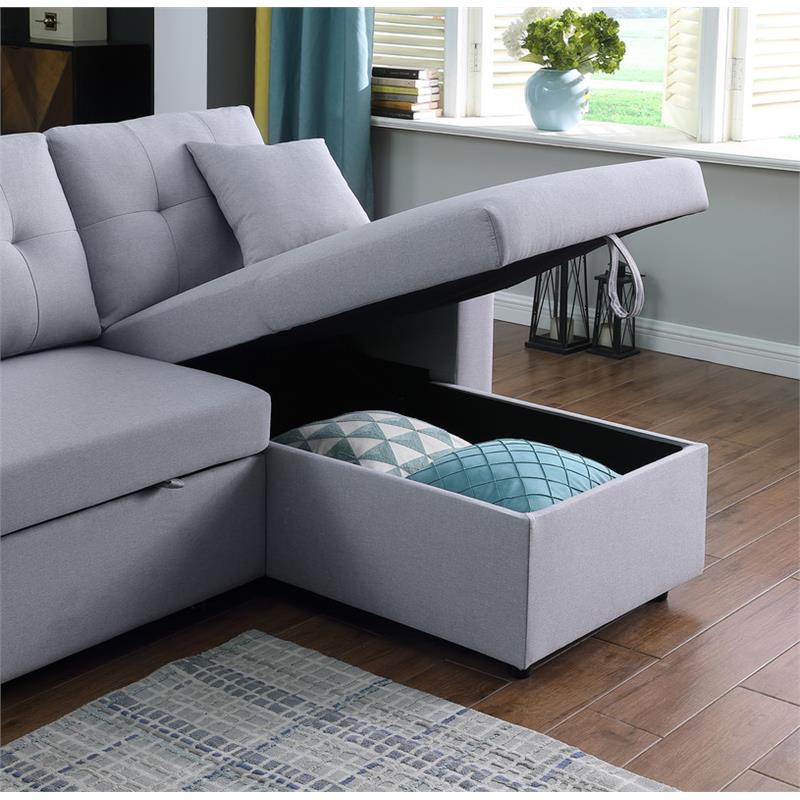 Pemberly Row Light Gray Linen Reversible Sleeper Sectional with Storage & Stools