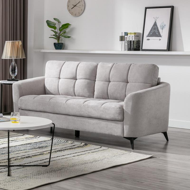 Pemberly Row Light Gray Woven Fabric Sofa with Tufted Cushion and Metal Legs