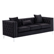Pemberly Row Button Tufted Black Velvet Glam Sofa with Chrome Legs and Pillows