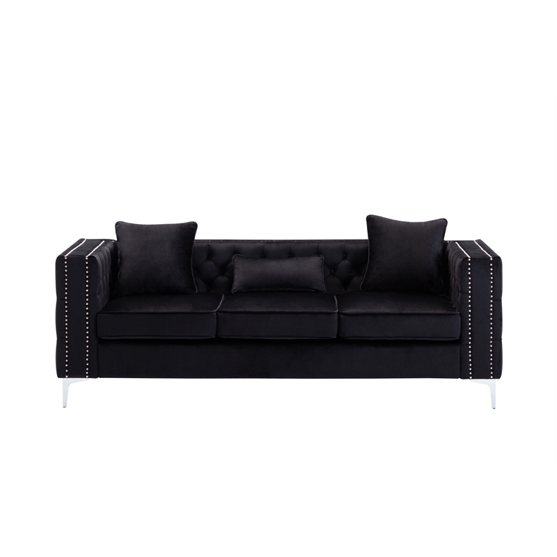Pemberly Row Button Tufted Black Velvet Glam Sofa with Chrome Legs and Pillows