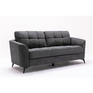 Pemberly Row Gray Woven Fabric Sofa with Tufted Cushion and Black Metal Legs