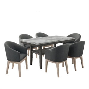 Pemberly Row 7-Piece 60&quot Gray Faux Marble Dining Set with 6 Barrel Chairs