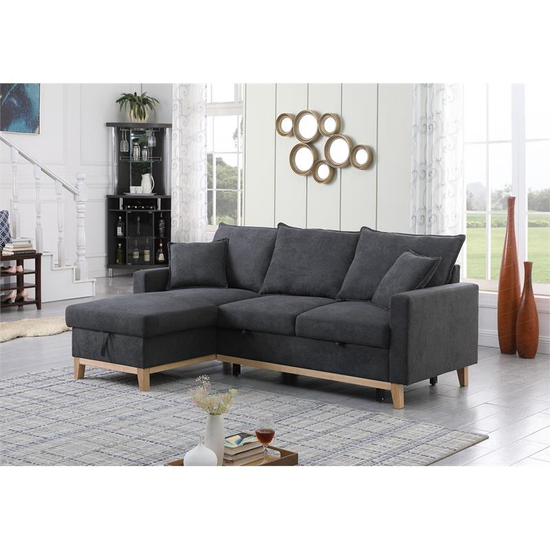 Pemberly Row Dark Gray Fabric Reversible Sleeper Sectional with Storage Chaise