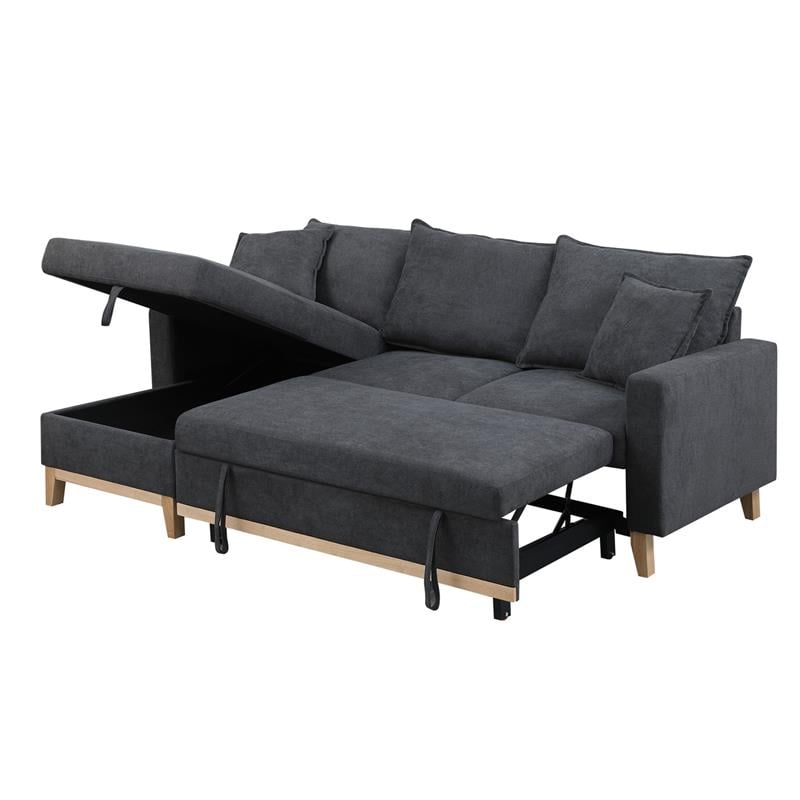 Pemberly Row Dark Gray Fabric Reversible Sleeper Sectional with Storage Chaise