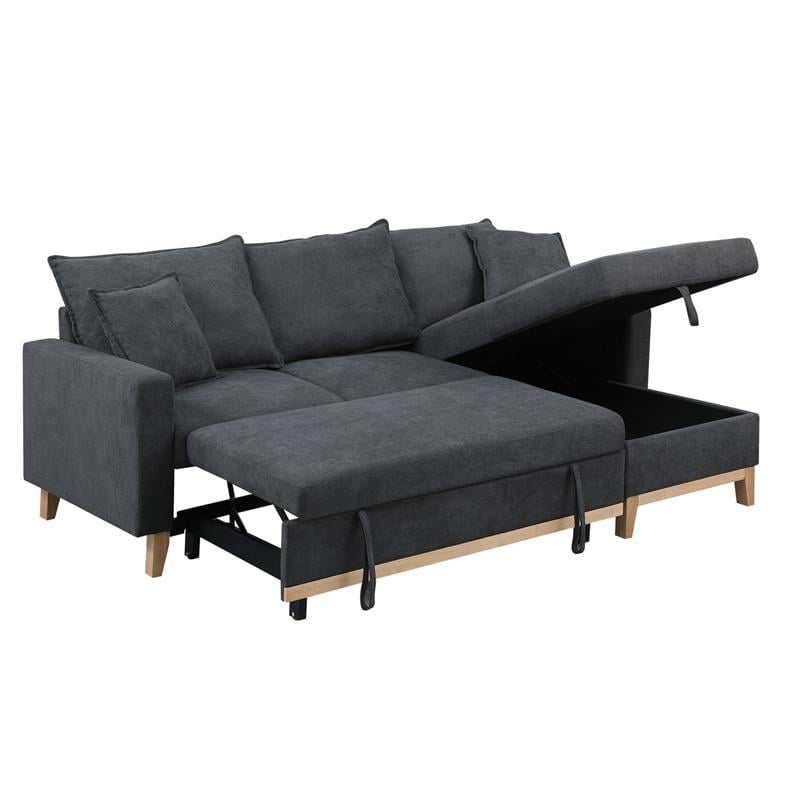Pemberly Row Dark Gray Fabric Reversible Sleeper Sectional with Storage Chaise