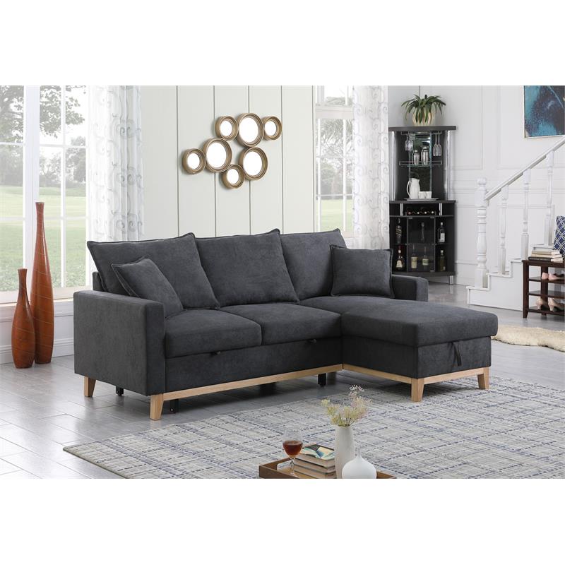 Pemberly Row Dark Gray Fabric Reversible Sleeper Sectional with Storage Chaise