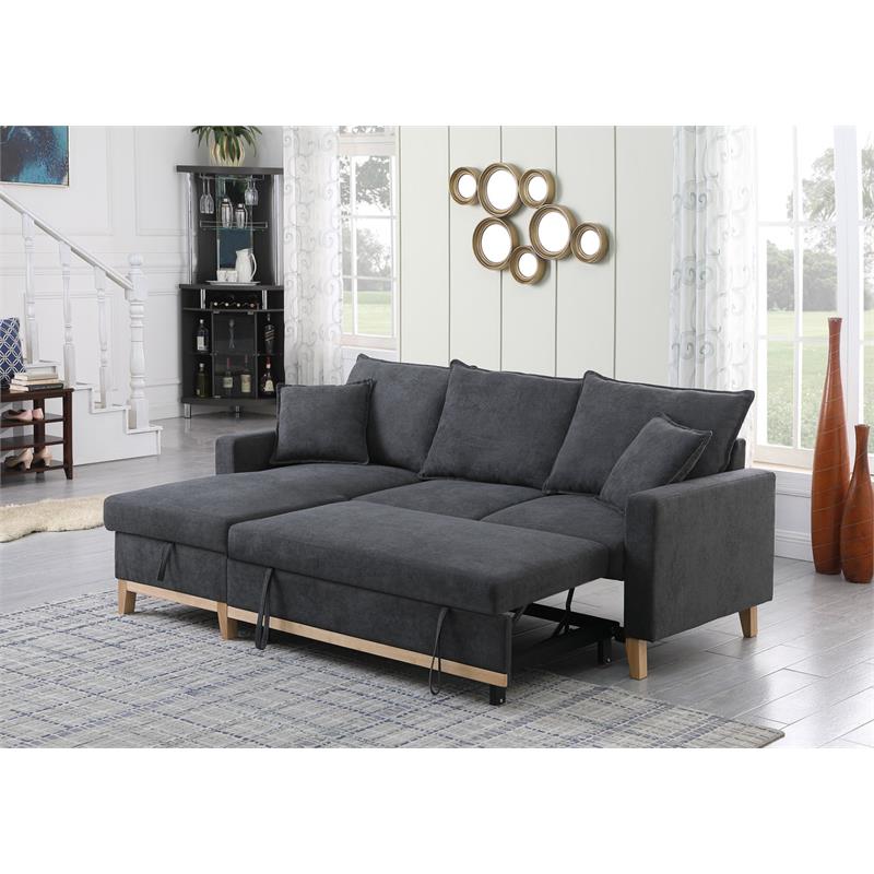 Pemberly Row Dark Gray Fabric Reversible Sleeper Sectional with Storage Chaise