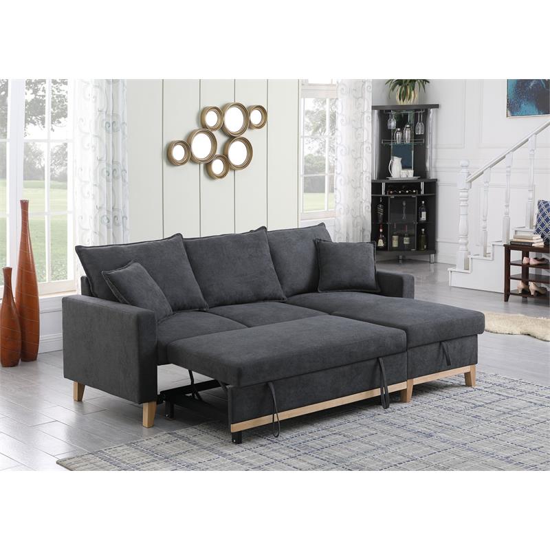 Pemberly Row Dark Gray Fabric Reversible Sleeper Sectional with Storage Chaise