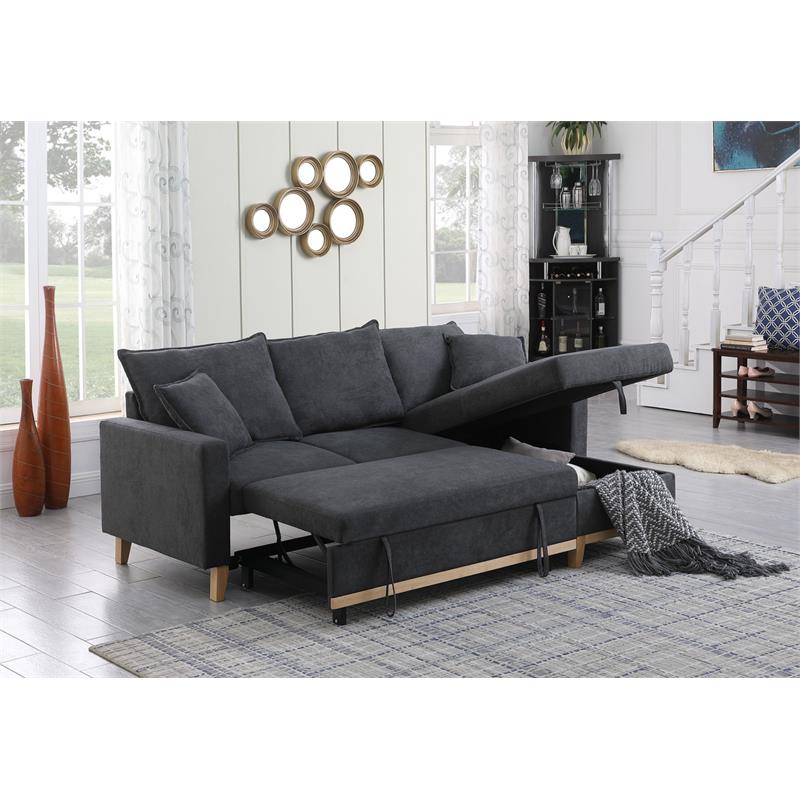 Pemberly Row Dark Gray Fabric Reversible Sleeper Sectional with Storage Chaise