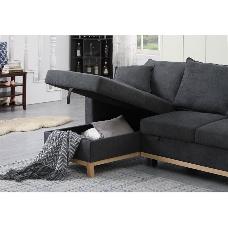 Pemberly Row Dark Gray Fabric Reversible Sleeper Sectional with Storage Chaise