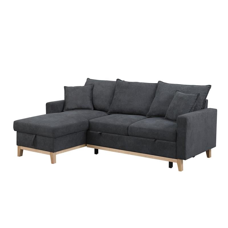 Pemberly Row Dark Gray Fabric Reversible Sleeper Sectional with Storage Chaise