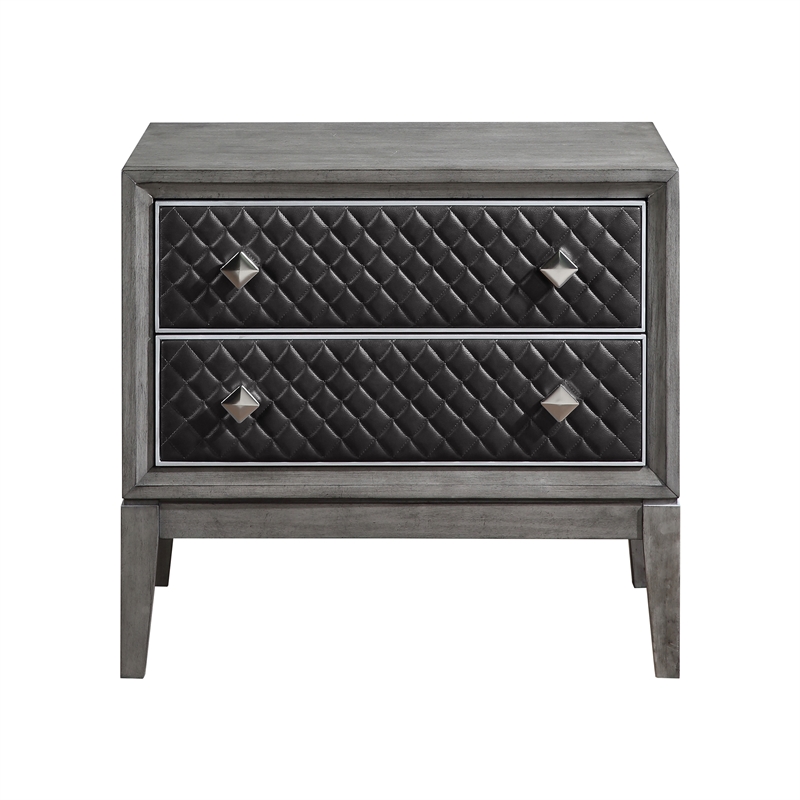 Pemberly Row Wire-Brushed Gray Nightstand with Quilted Faux Leather Drawers