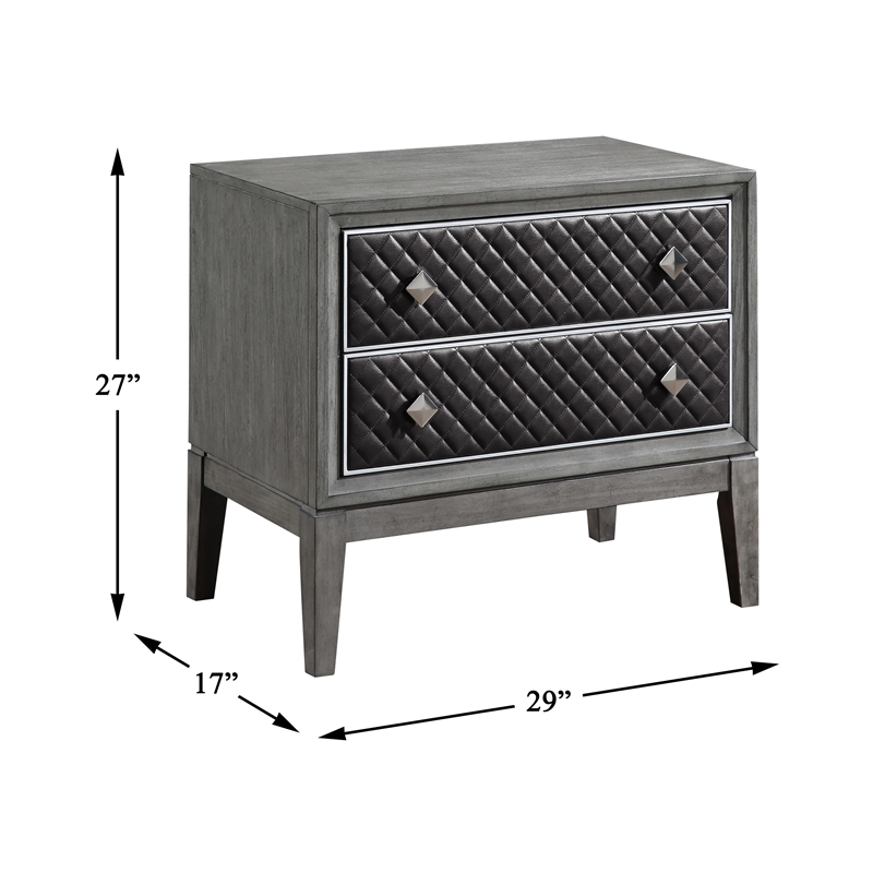 Pemberly Row Wire-Brushed Gray Nightstand with Quilted Faux Leather Drawers