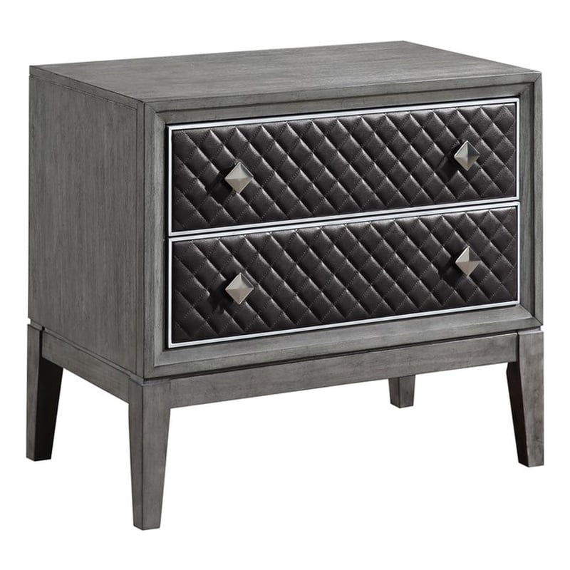 Pemberly Row Wire-Brushed Gray Nightstand with Quilted Faux Leather Drawers