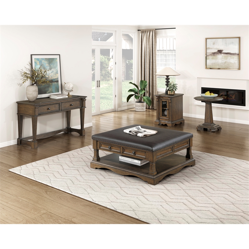 Pemberly Row Hardwood Cocktail Table Ottoman with 4 Drawers and Shelf in Brown