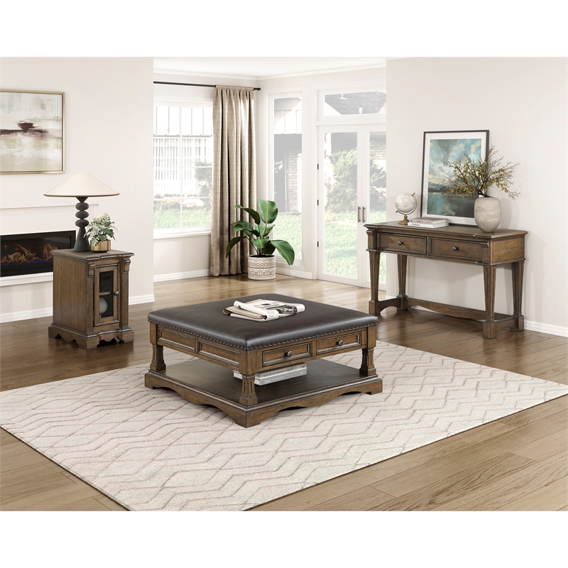 Pemberly Row Hardwood Cocktail Table Ottoman with 4 Drawers and Shelf in Brown