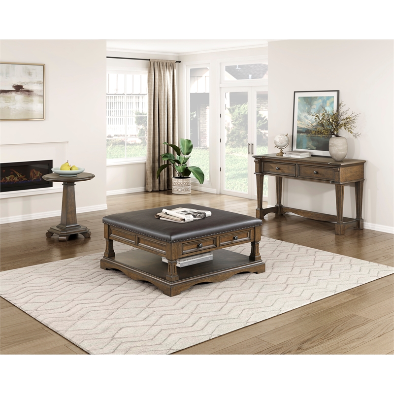 Pemberly Row Hardwood Cocktail Table Ottoman with 4 Drawers and Shelf in Brown