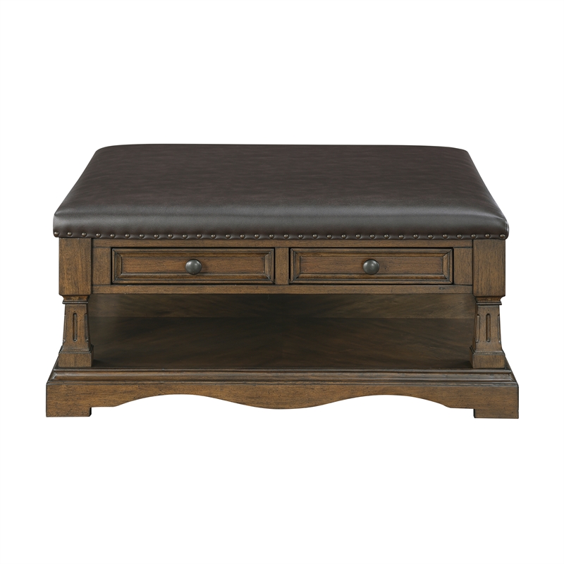 Pemberly Row Hardwood Cocktail Table Ottoman with 4 Drawers and Shelf in Brown