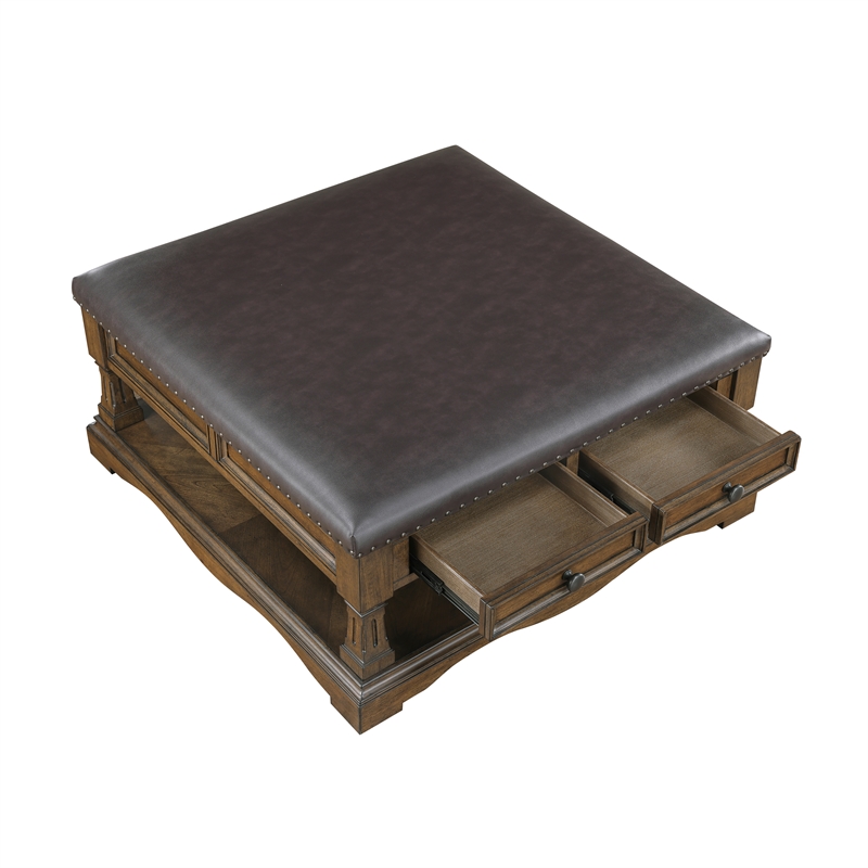 Pemberly Row Hardwood Cocktail Table Ottoman with 4 Drawers and Shelf in Brown