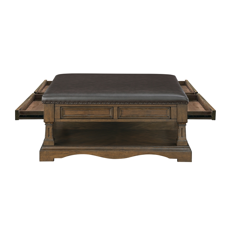 Pemberly Row Hardwood Cocktail Table Ottoman with 4 Drawers and Shelf in Brown