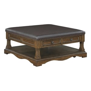 Pemberly Row Hardwood Cocktail Table Ottoman with 4 Drawers and Shelf in Brown