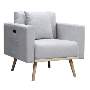 Pemberly Row Light Gray Linen Chair with USB Charging Ports Pockets and Pillow
