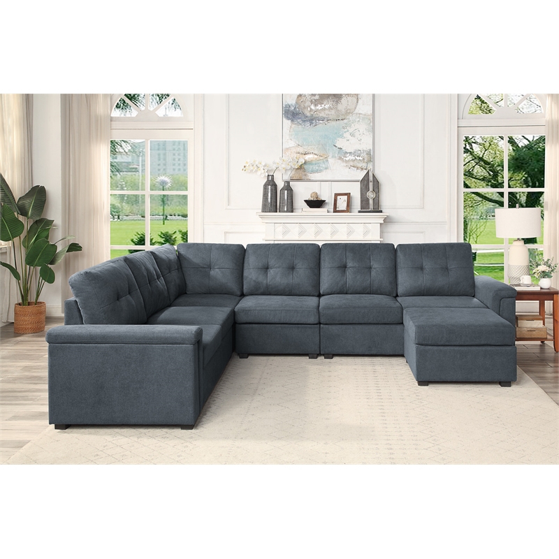 Pemberly Row Gray Woven Fabric 7-Seater Corner Sectional Sofa with Ottoman