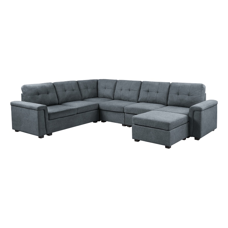 Pemberly Row Gray Woven Fabric 7-Seater Corner Sectional Sofa with Ottoman