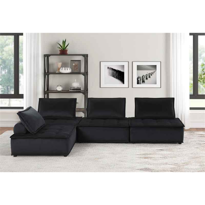 Pemberly Row Velvet 4-Piece Modular Sectional Sofa with Tufted Seat in Black