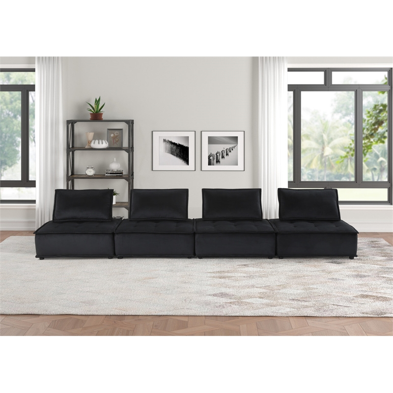 Pemberly Row Velvet 4-Piece Modular Sectional Sofa with Tufted Seat in Black
