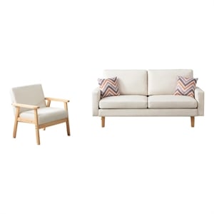 Pemberly Row Beige Linen Fabric Sofa and Chair Set with 2 Throw Pillows
