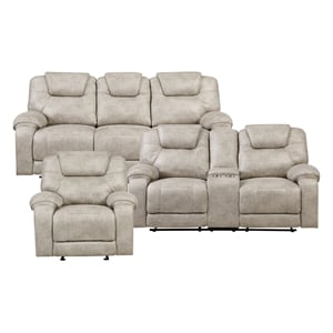 Pemberly Row Microfiber 3Pc Reclining Sofa Loveseat and Chair Set in Pewter