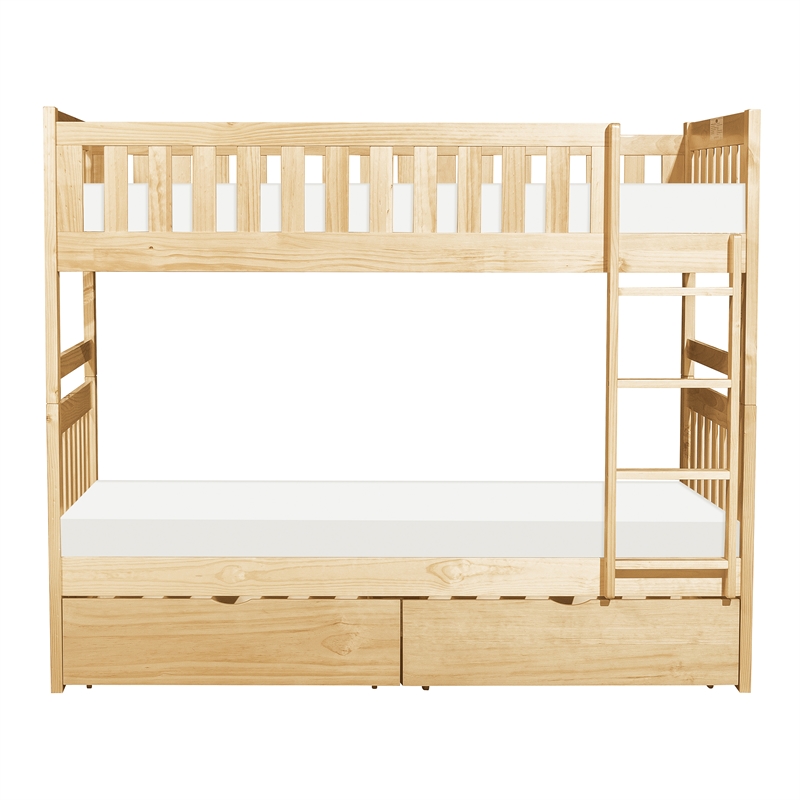 Pemberly Row Pine Wood Twin/Twin Bunk Bed with Storage Boxes in Natural Pine