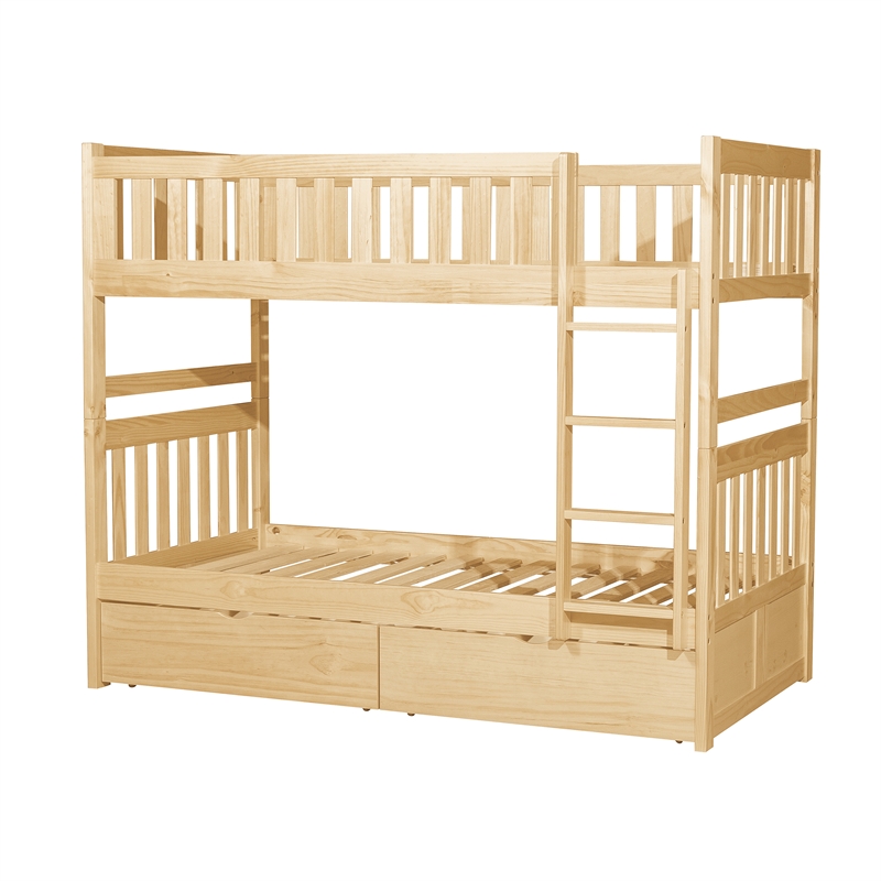 Pemberly Row Pine Wood Twin/Twin Bunk Bed with Storage Boxes in Natural Pine