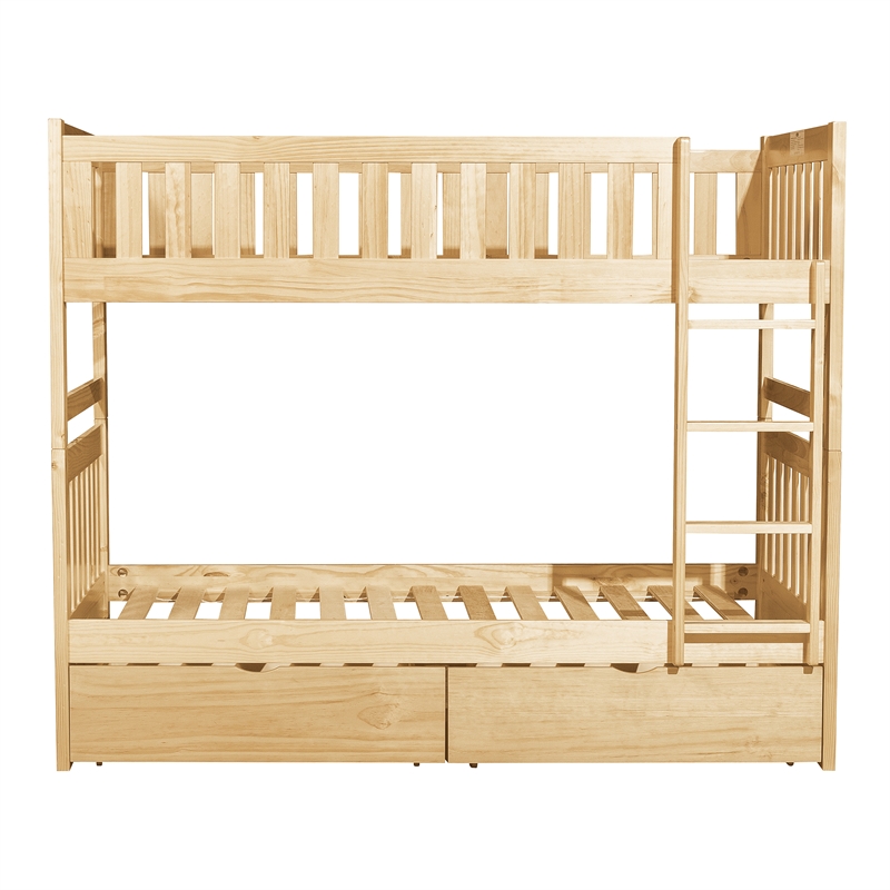 Pemberly Row Pine Wood Twin/Twin Bunk Bed with Storage Boxes in Natural Pine