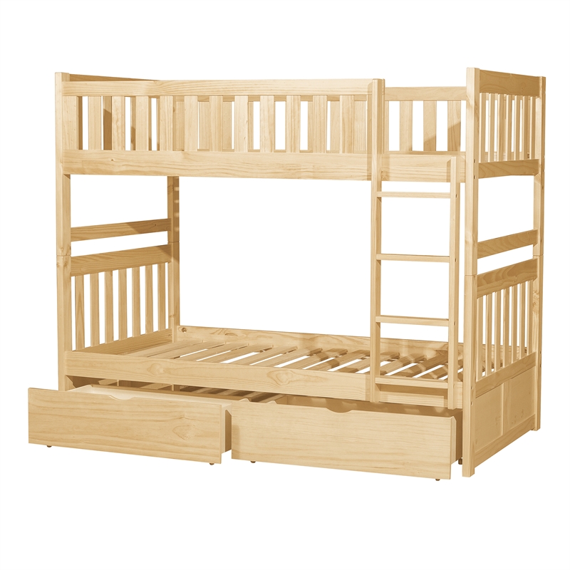 Pemberly Row Pine Wood Twin/Twin Bunk Bed with Storage Boxes in Natural Pine