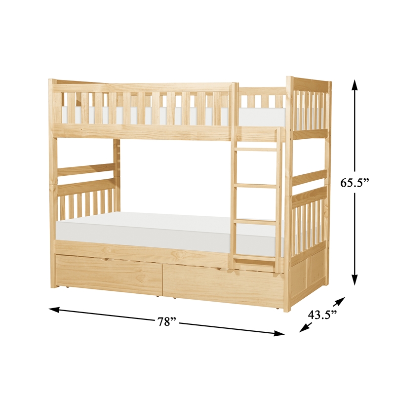Pemberly Row Pine Wood Twin/Twin Bunk Bed with Storage Boxes in Natural Pine