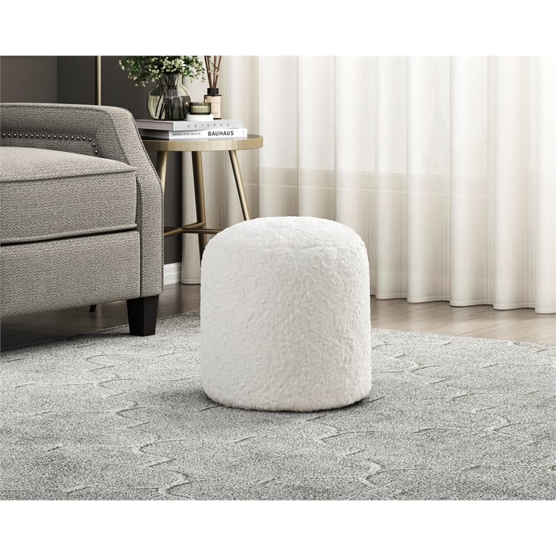 Pemberly Row Faux Fur Fabric Cylindrical Accent Pouf in Off White