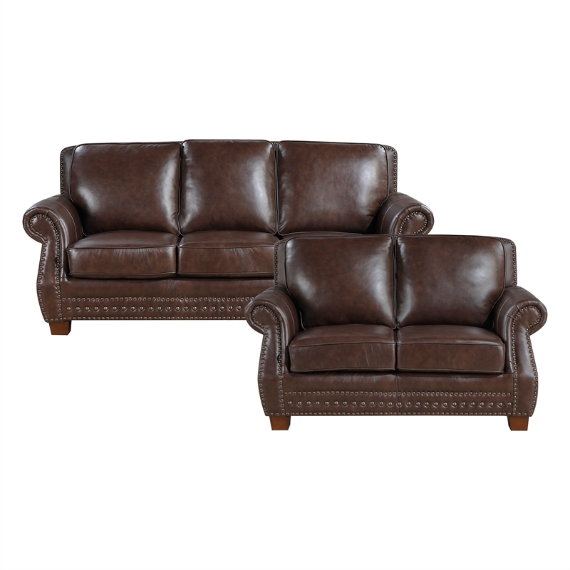 Pemberly Row Top-Grain Leather 2-Piece Sofa and Loveseat Set in Brown