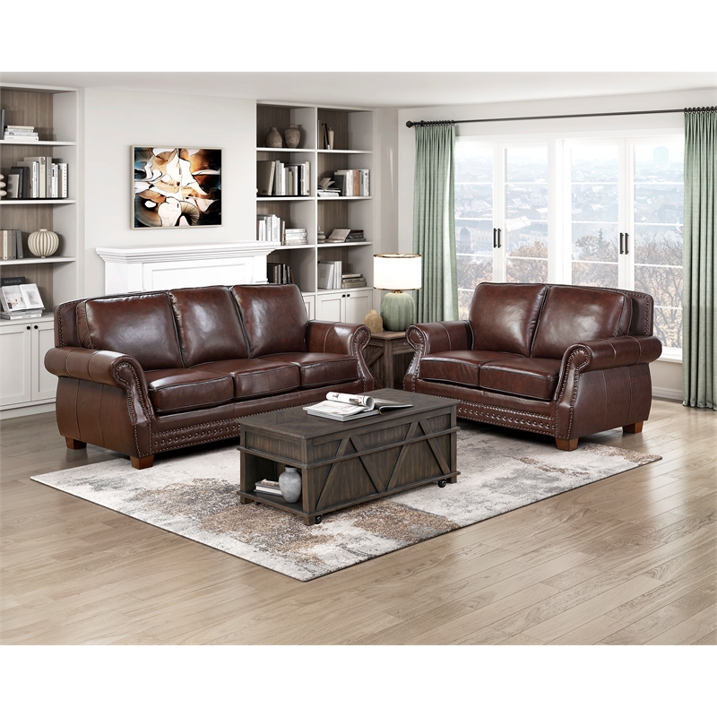 Pemberly Row Top-Grain Leather 2-Piece Sofa and Loveseat Set in Brown